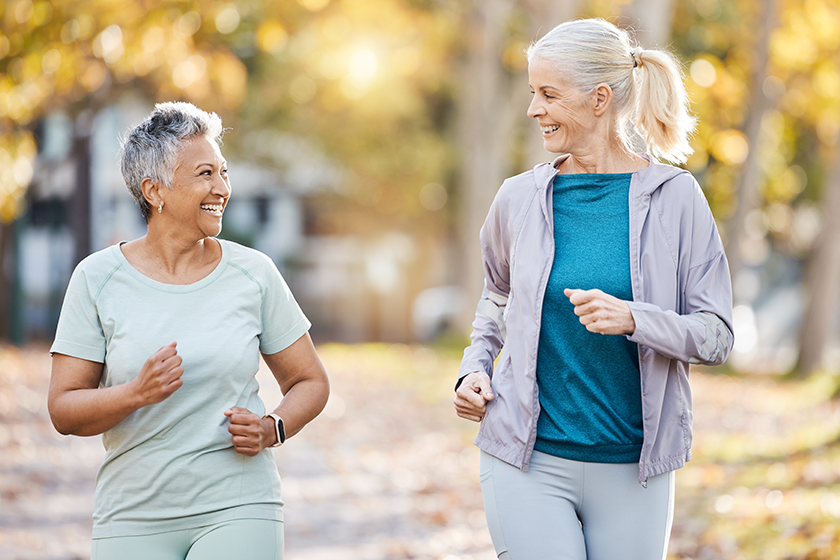 Health, friends and running with old women in park 